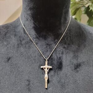 Womens Gold Tone Long Hanging Jesus Religious Cross Pendant Necklace